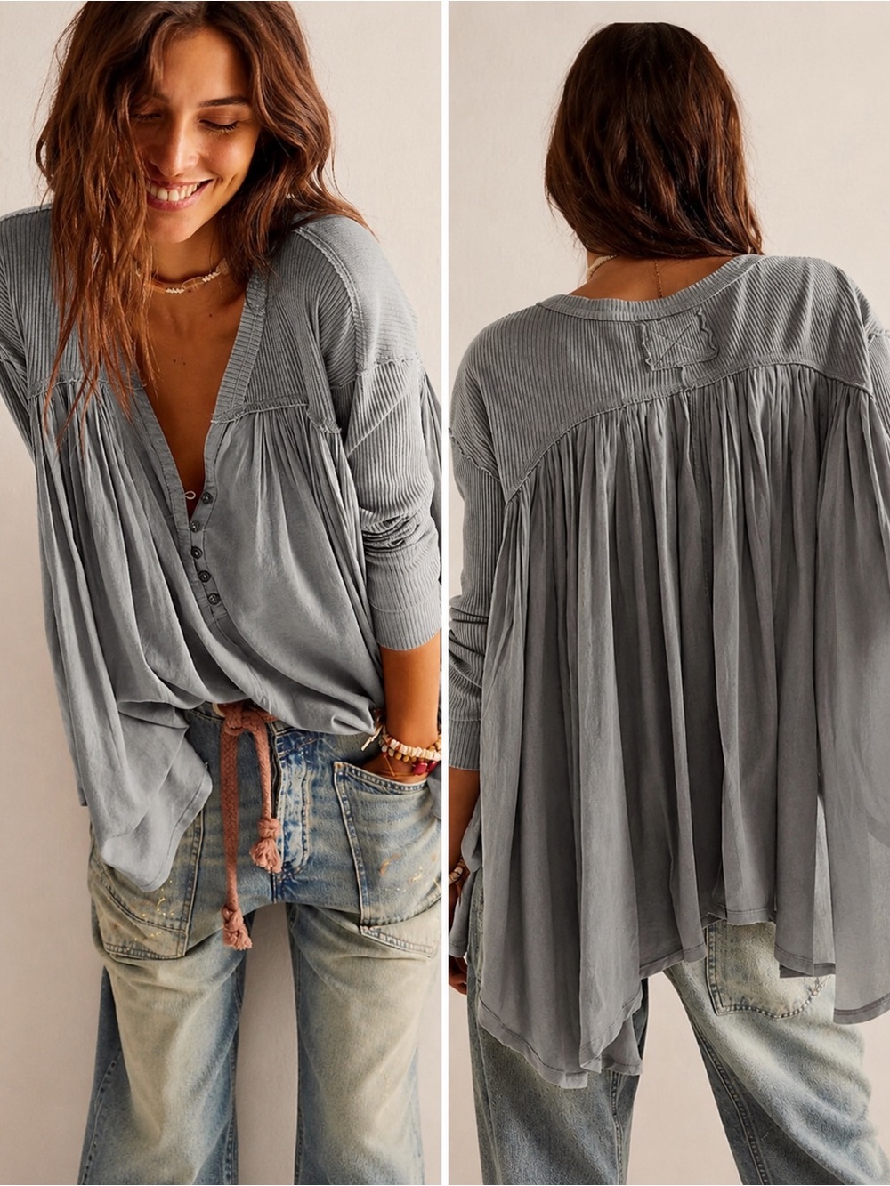Free People Lyrical Tunic Top Gray Oversized Boho Swing Henley We The Free XS